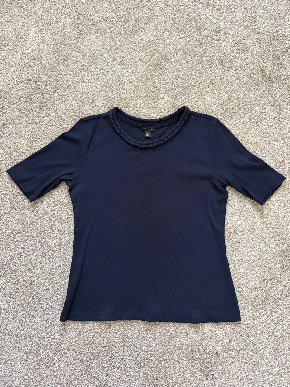 Ann Taylor Navy Short-Sleeve Knit Top with Braided Collar